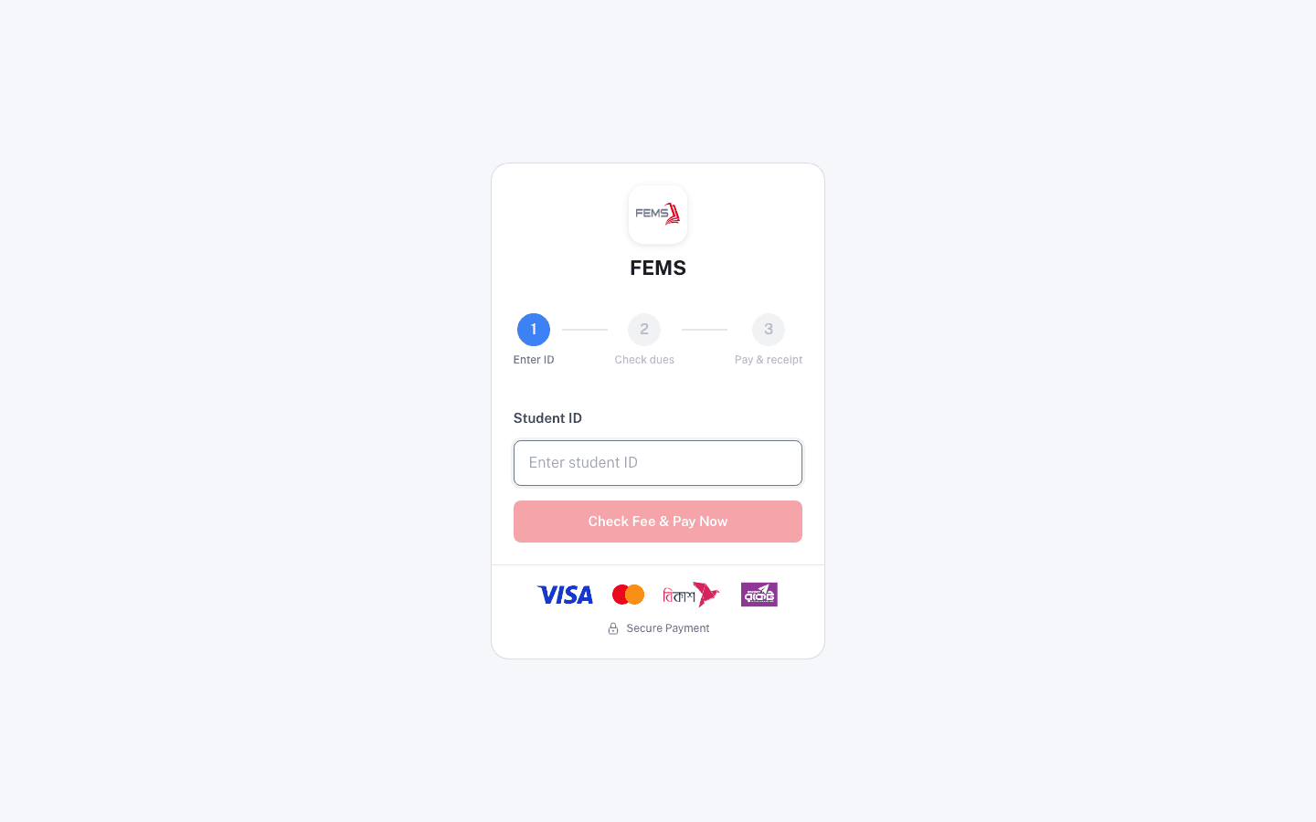 Guest payment page asking for a student ID
