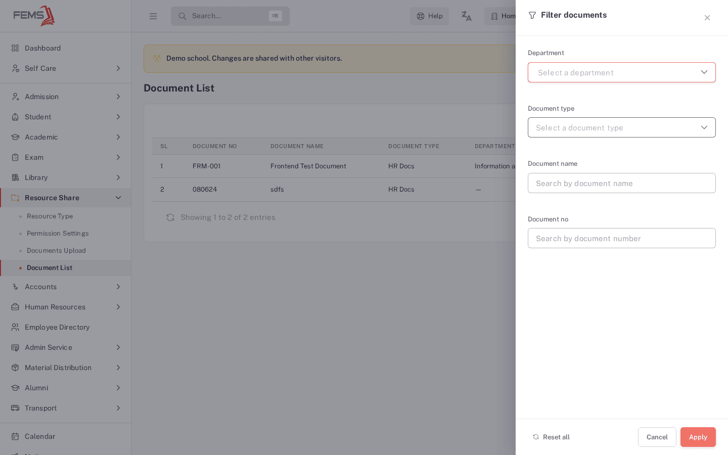 The Filters panel open, showing Department, Document type, Document name, and Document no fields alongside Reset all, Cancel, and Apply buttons