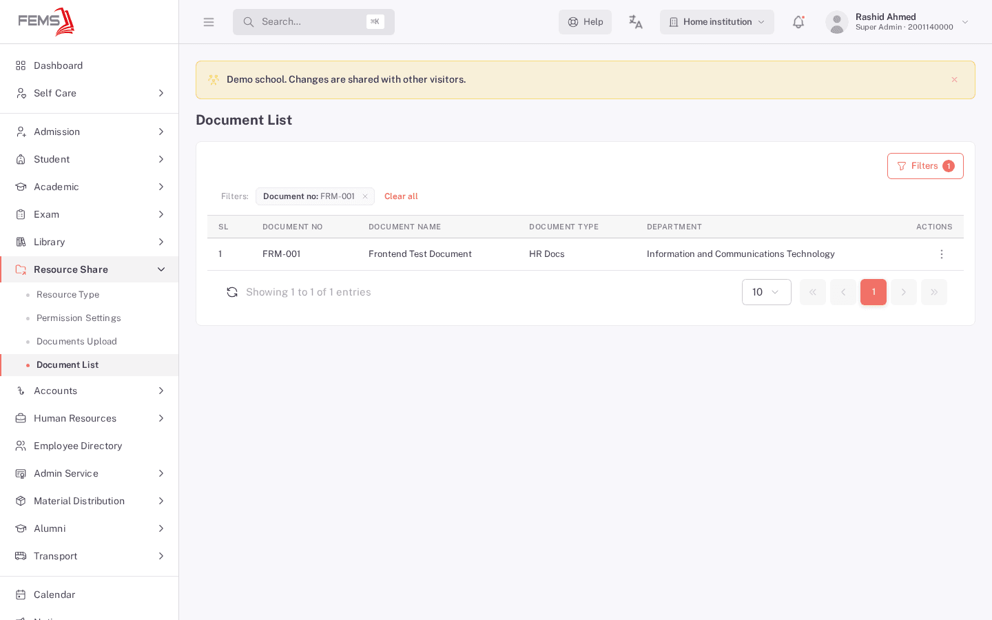 The results table after Apply and Refresh, showing the single document matching the Document no filter