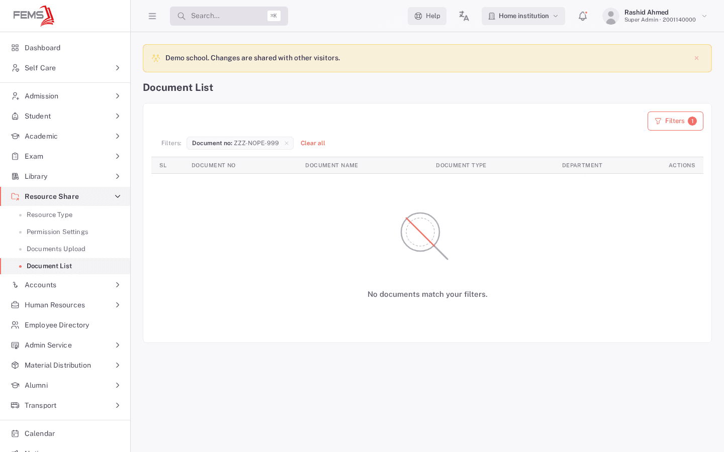 The empty results state after filtering on a document number that doesn't exist, showing the "No documents match your filters." message