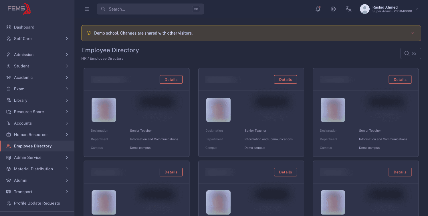 Employee Directory with employee names, photos, and IDs masked