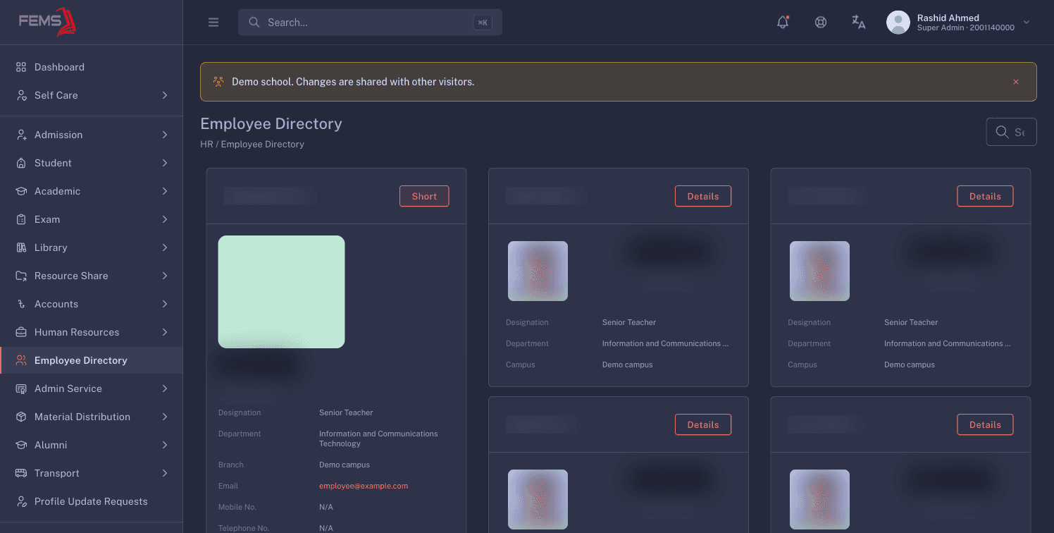 Expanded employee card with personal details masked
