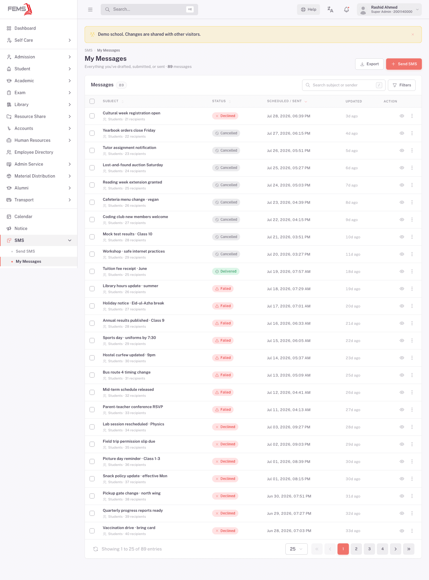 The SMS section expanded in the sidebar, with the Messages list showing a spread of status chips including Delivered, Failed, Declined, and Cancelled