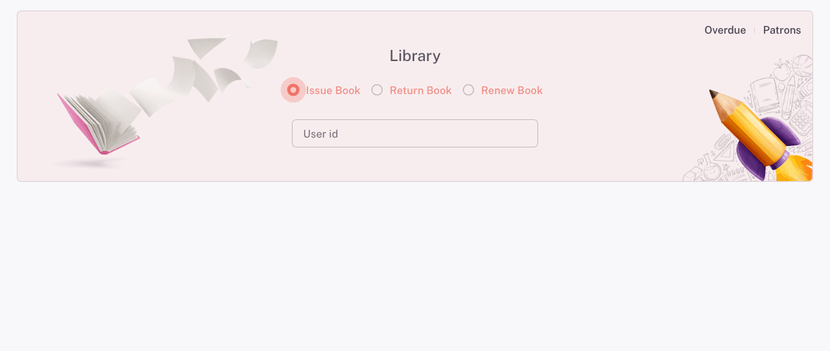 The Circulation screen showing Issue Book, Return Book, and Renew Book