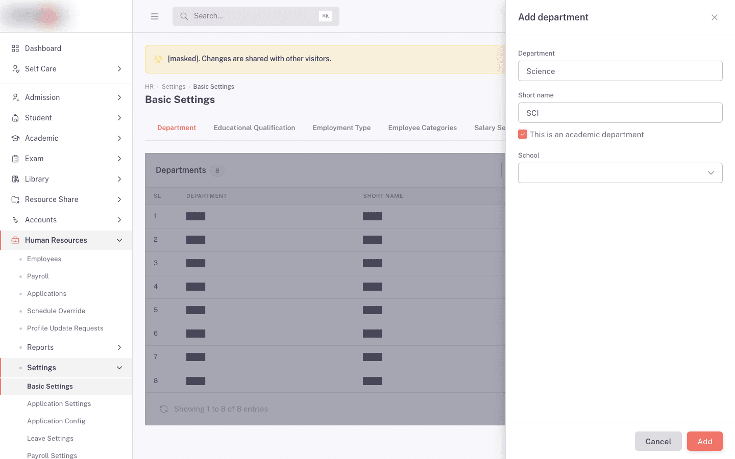 Add Department drawer with neutral values, Short name, and the conditional School field
