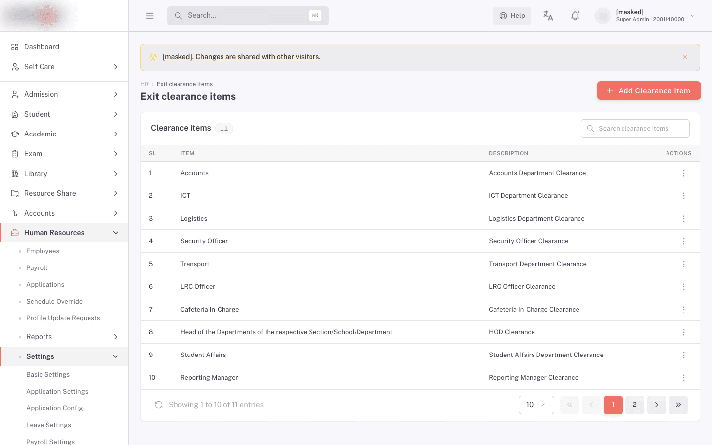 Exit clearance items list with the Search clearance items field and Item column