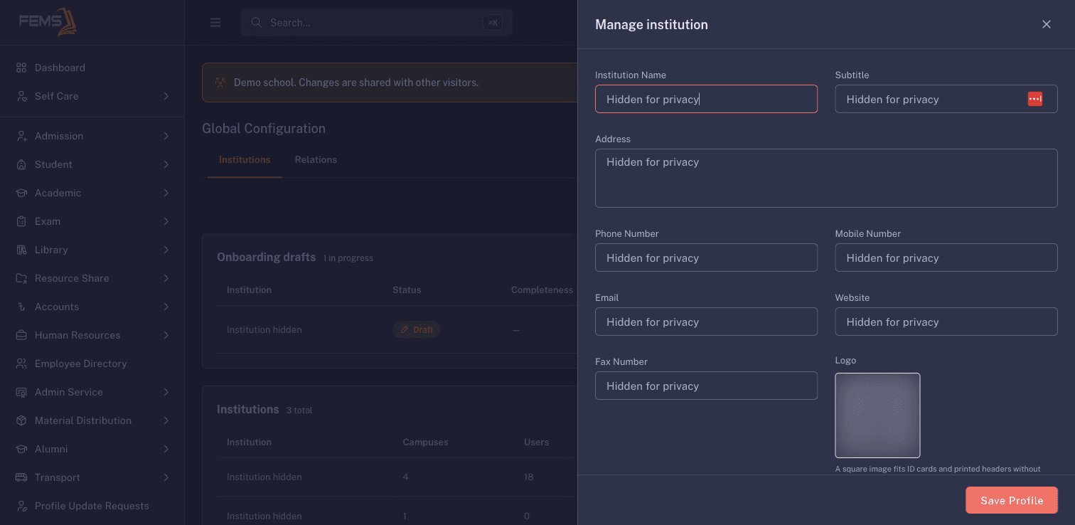 The institution profile drawer with all identity and contact values hidden