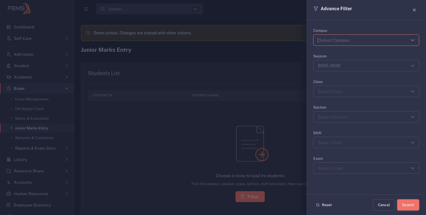 The Junior Marks Entry Advance Filter with Campus, Session, Class, Section, Shift, and Exam fields