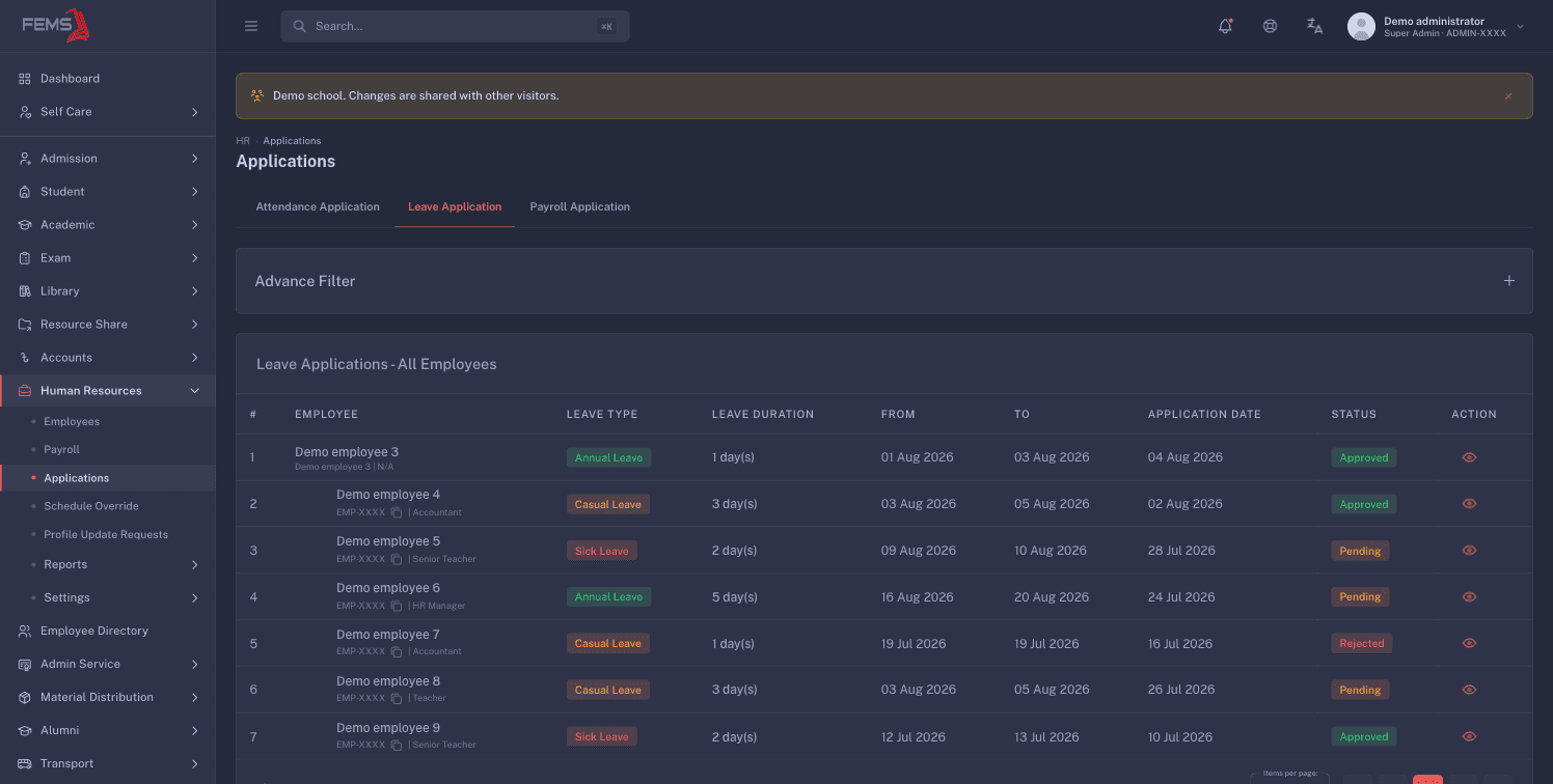 The Applications page on the Leave Application tab, with employee identities masked