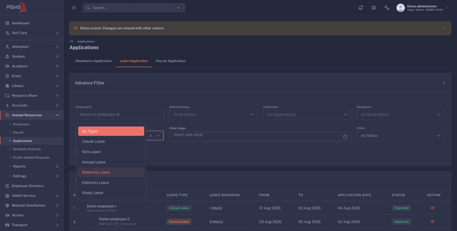 The Leave Application filters with the fixed Type list open