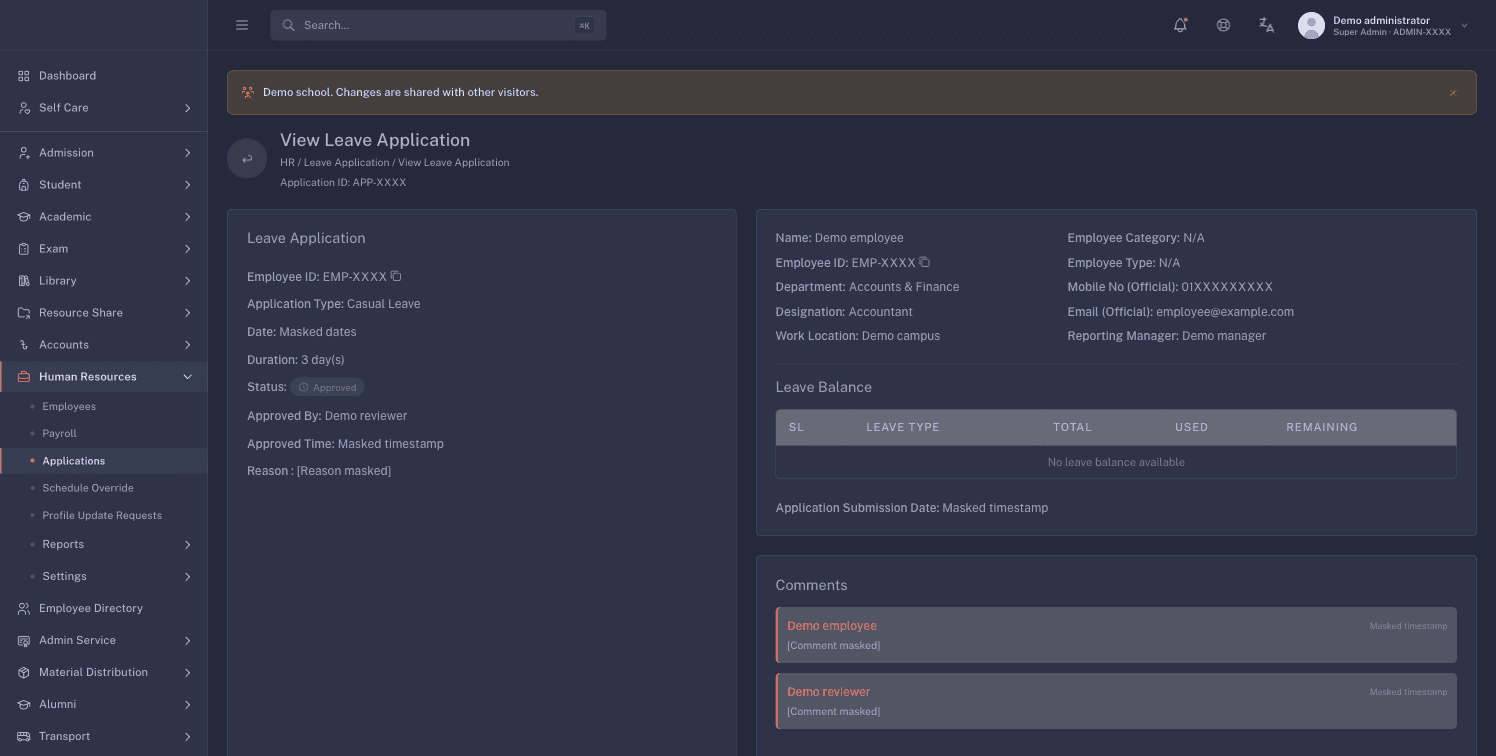 A leave application detail page with identity, contact, dates, reasons, and comments masked