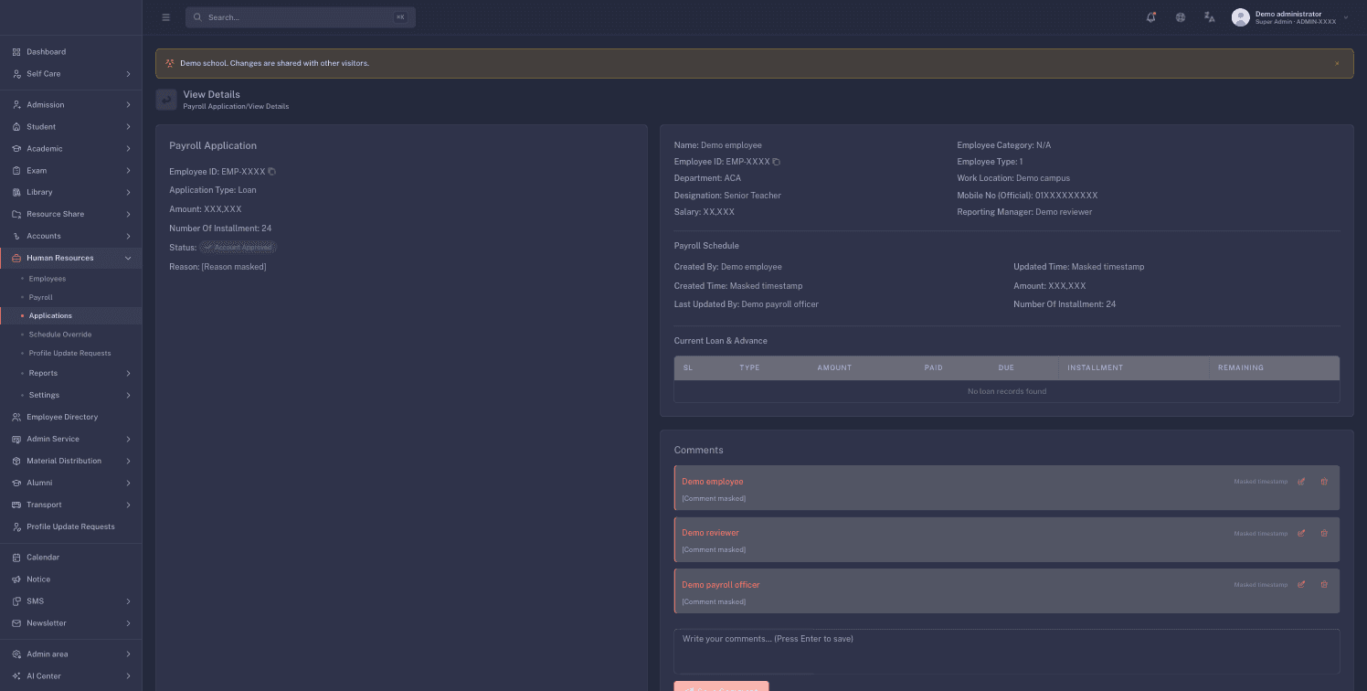 A payroll application detail with employee identity, contact, money, reason, and comments masked