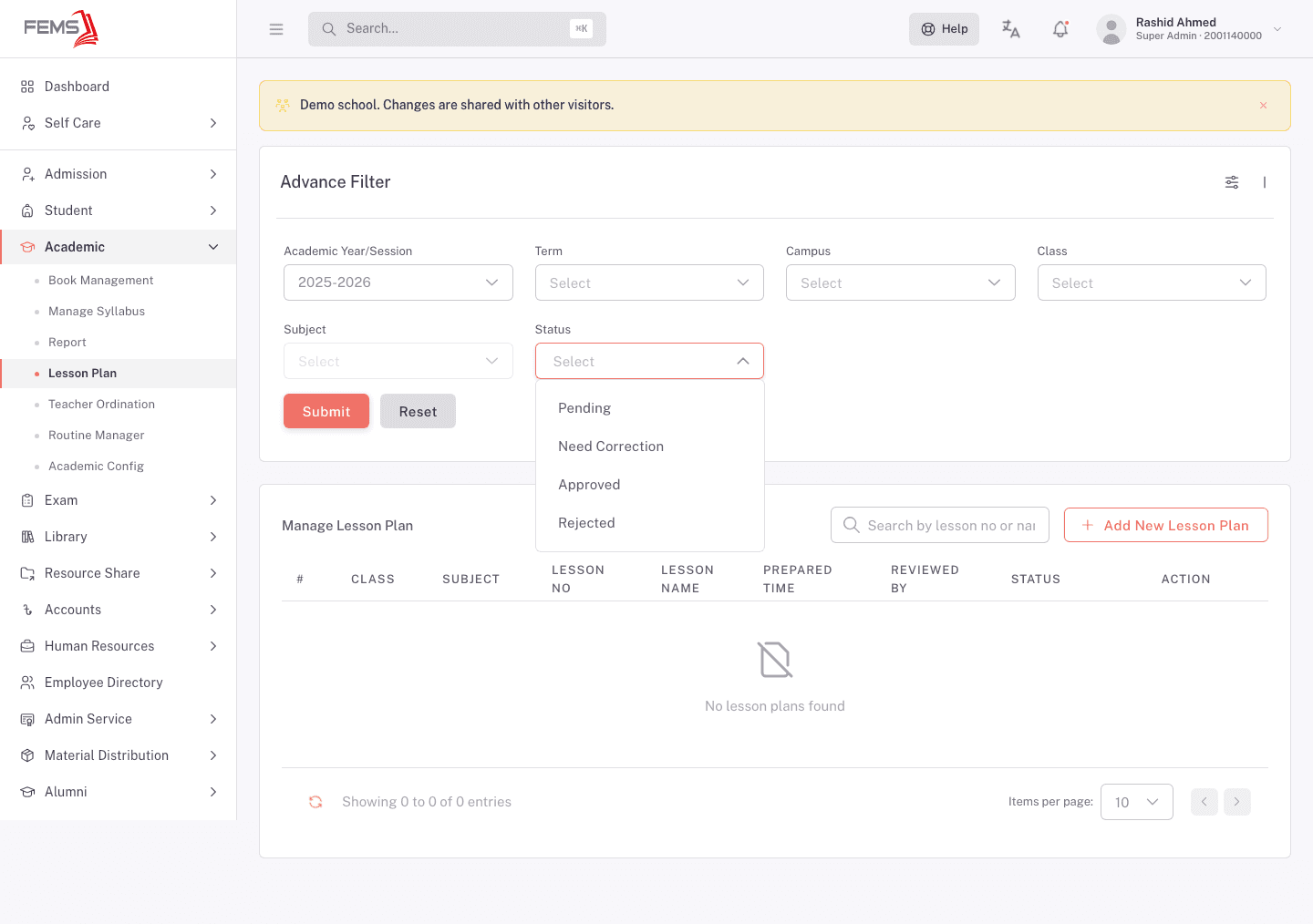 The Lesson Plan list with the Advance Filter panel expanded