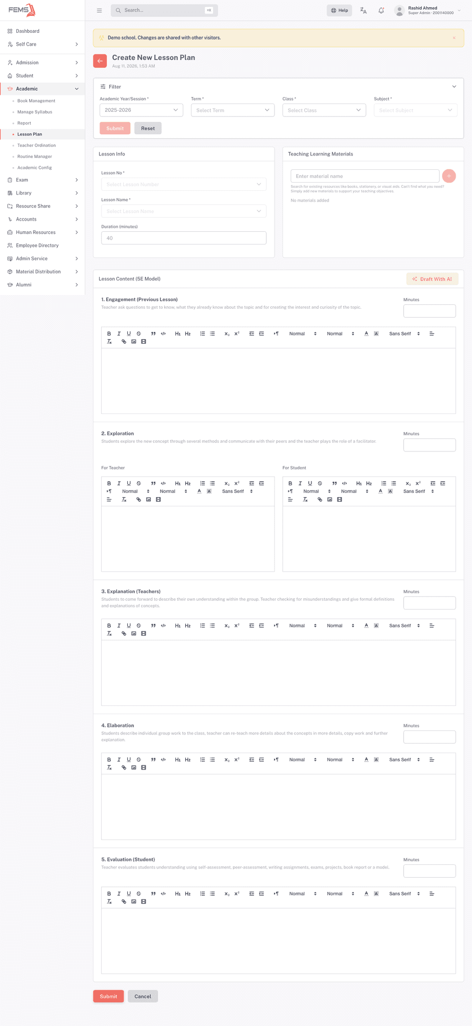 The Create New Lesson Plan page showing the filter, lesson info, and all five 5E phase editors