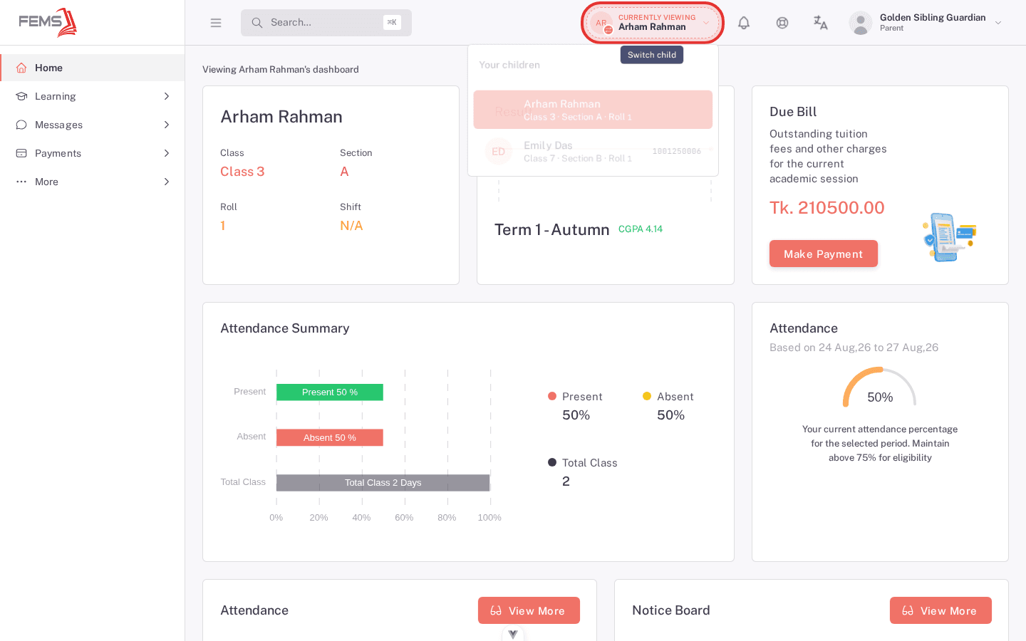The open child selector showing two linked children