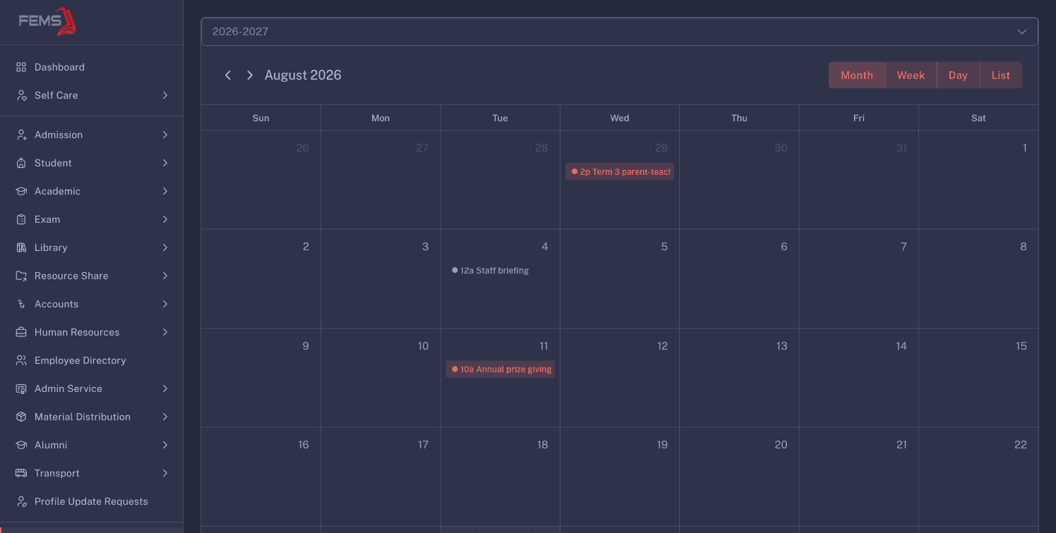 The school calendar in Month view with the session selector and view controls
