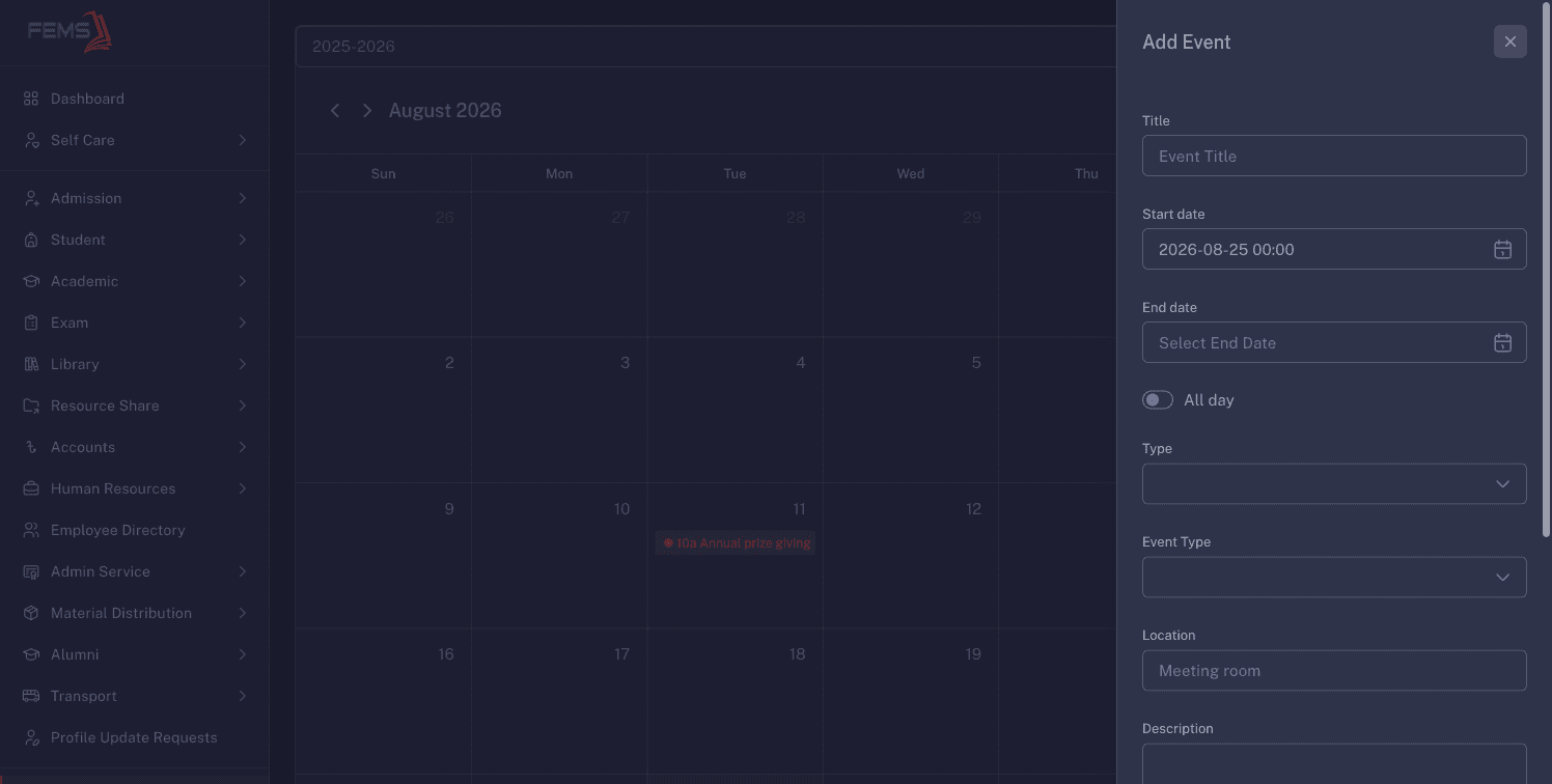 The Add Event drawer opened from an empty calendar date