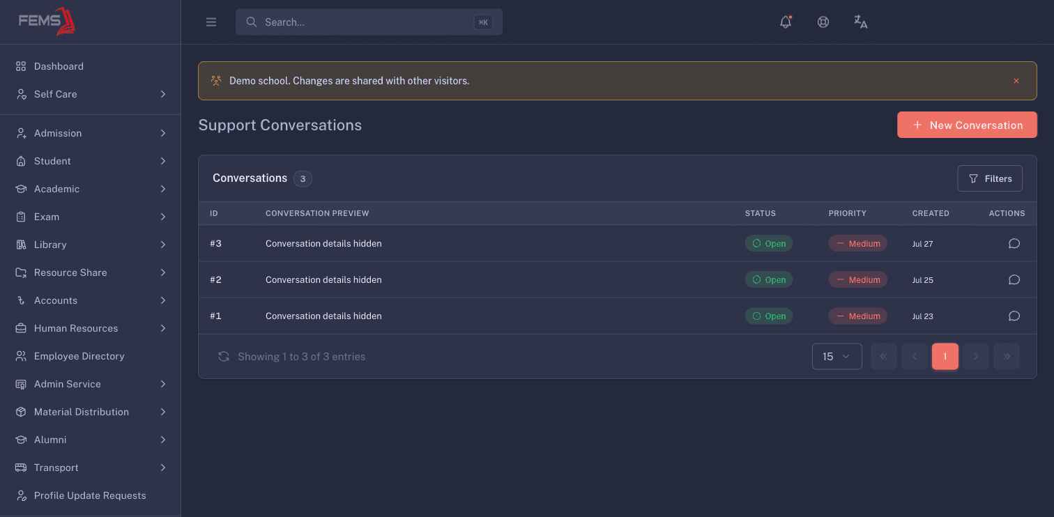 The Support Conversations list with conversation text hidden