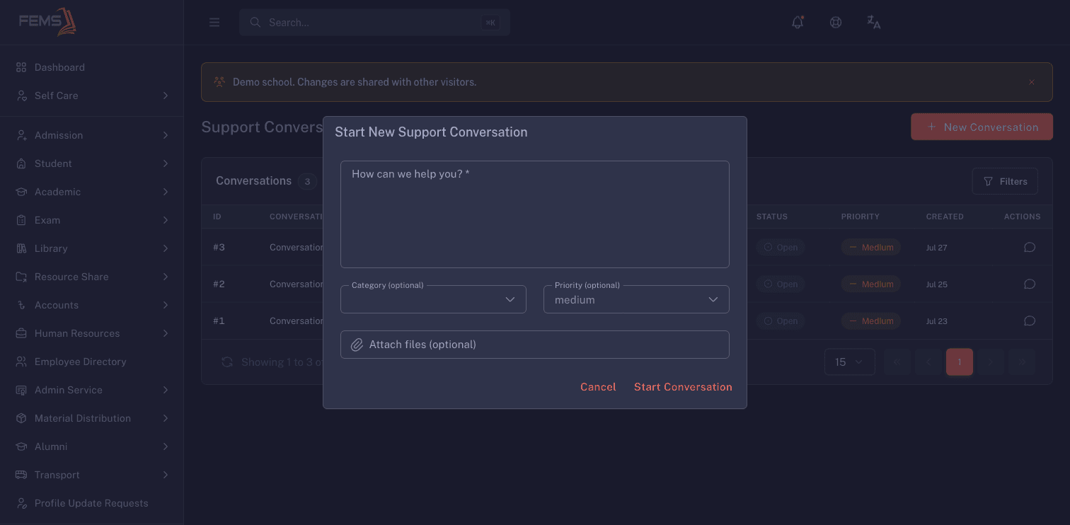 The new support conversation form before anything is submitted
