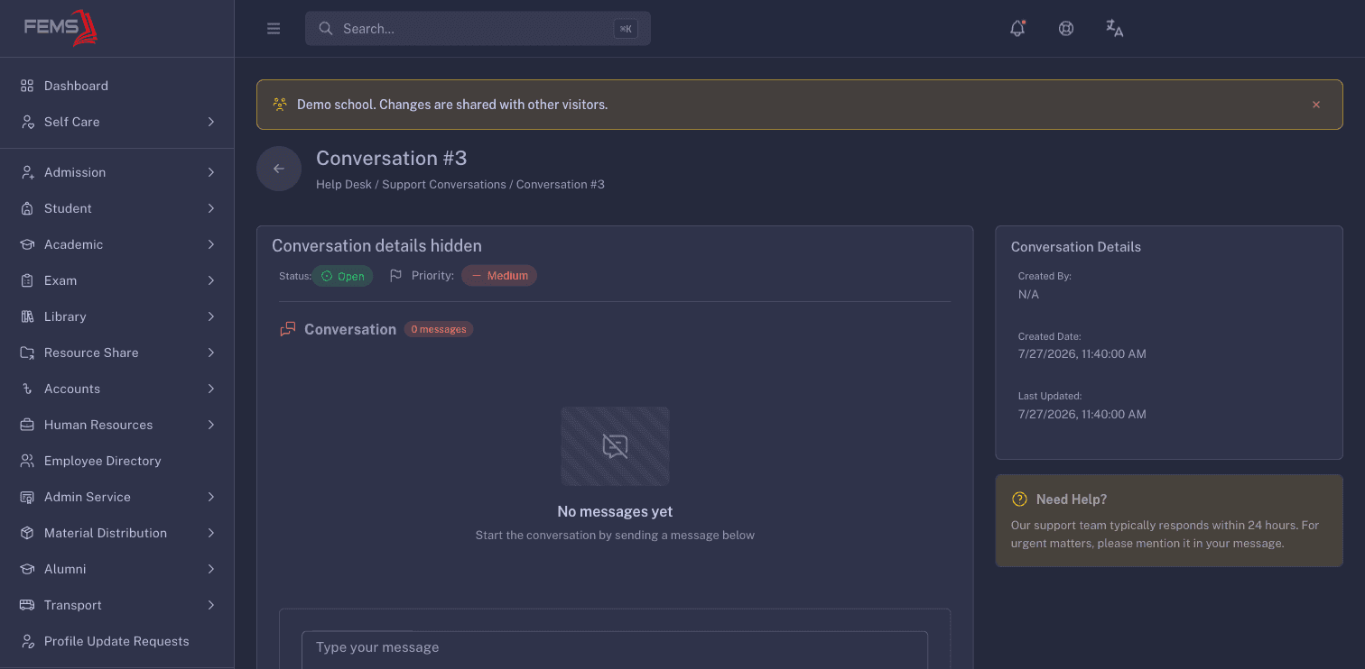 A support conversation detail page with its title and requester data hidden