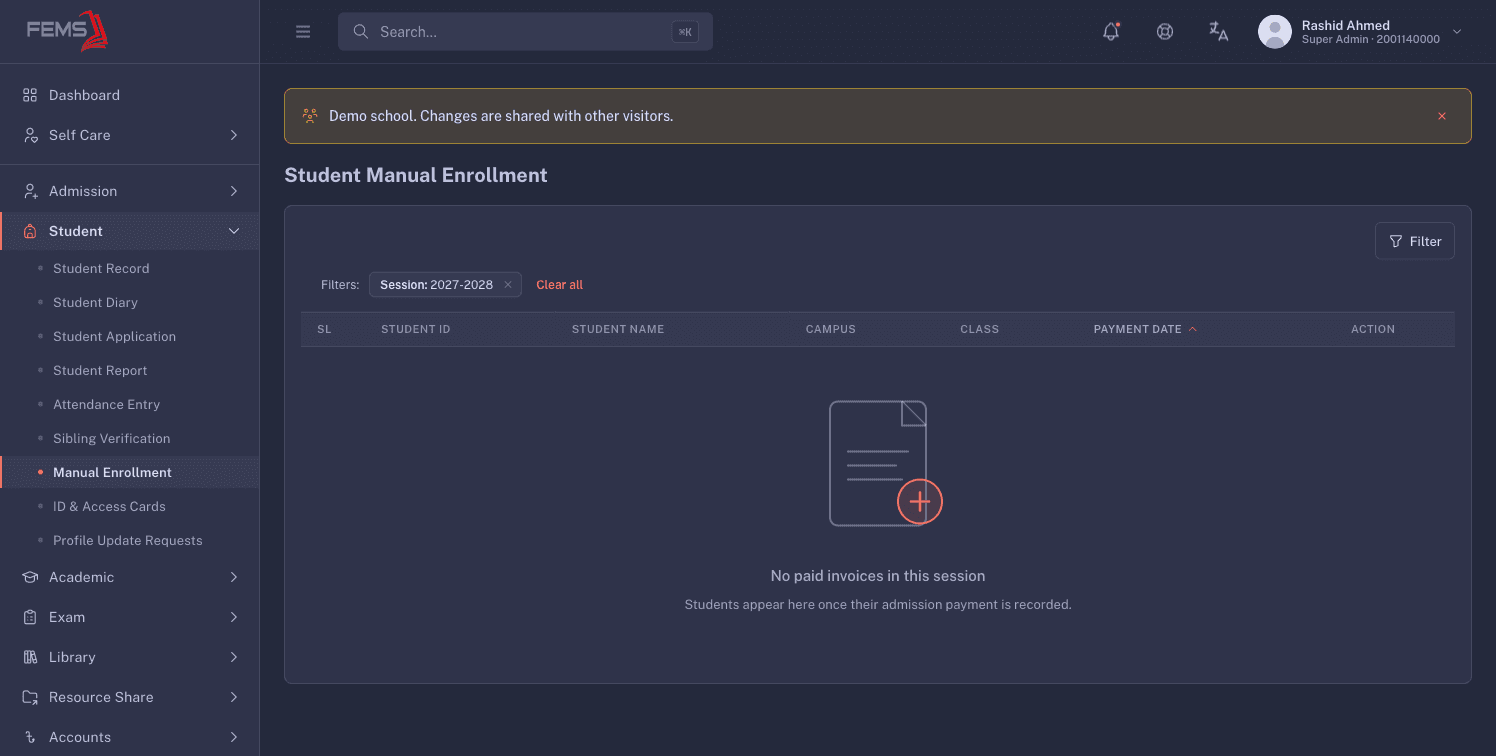 The manual enrollment worklist with no paid invoices in the selected session