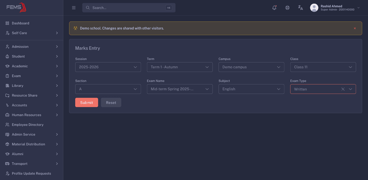 The marks entry filter cascade filled for one class, section, exam, subject, and exam type