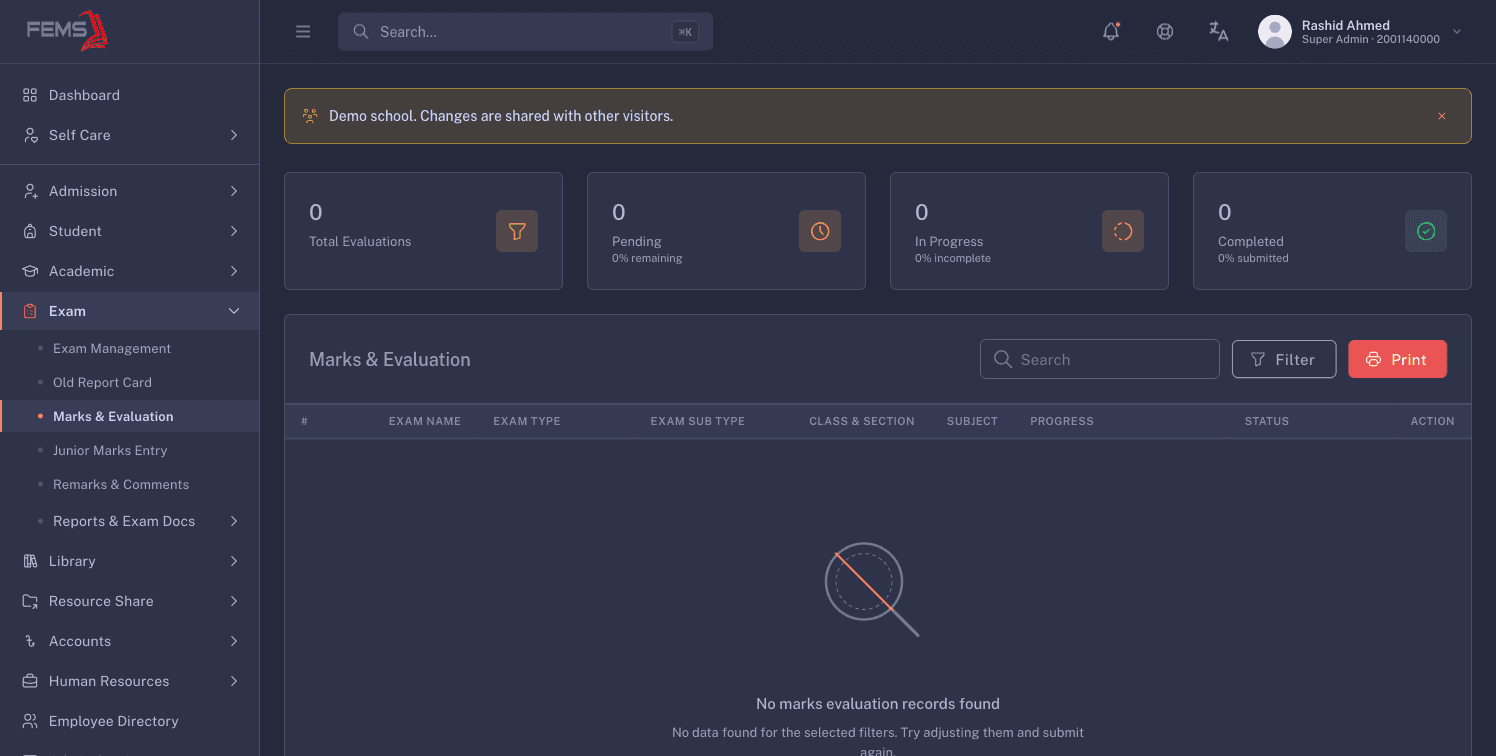 Marks and Evaluation after a session filter returned no matching records