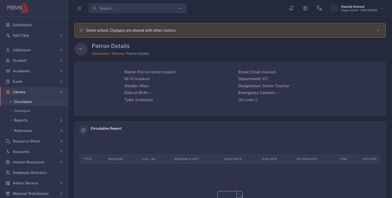 A patron record with the patron's name, ID, email address, and photo masked