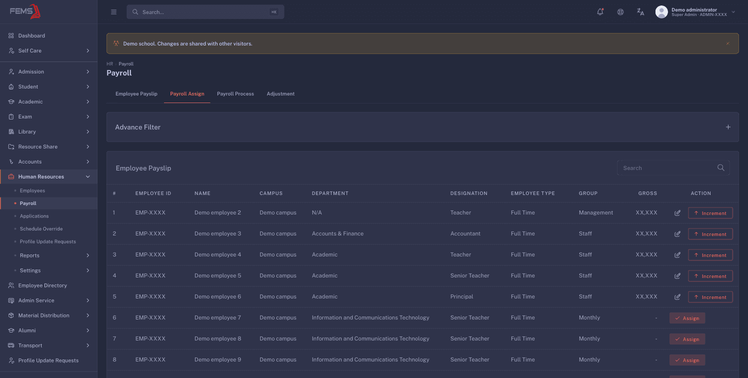 The Payroll Assign table with assigned and unassigned rows, with employee identities, campuses, and gross amounts masked