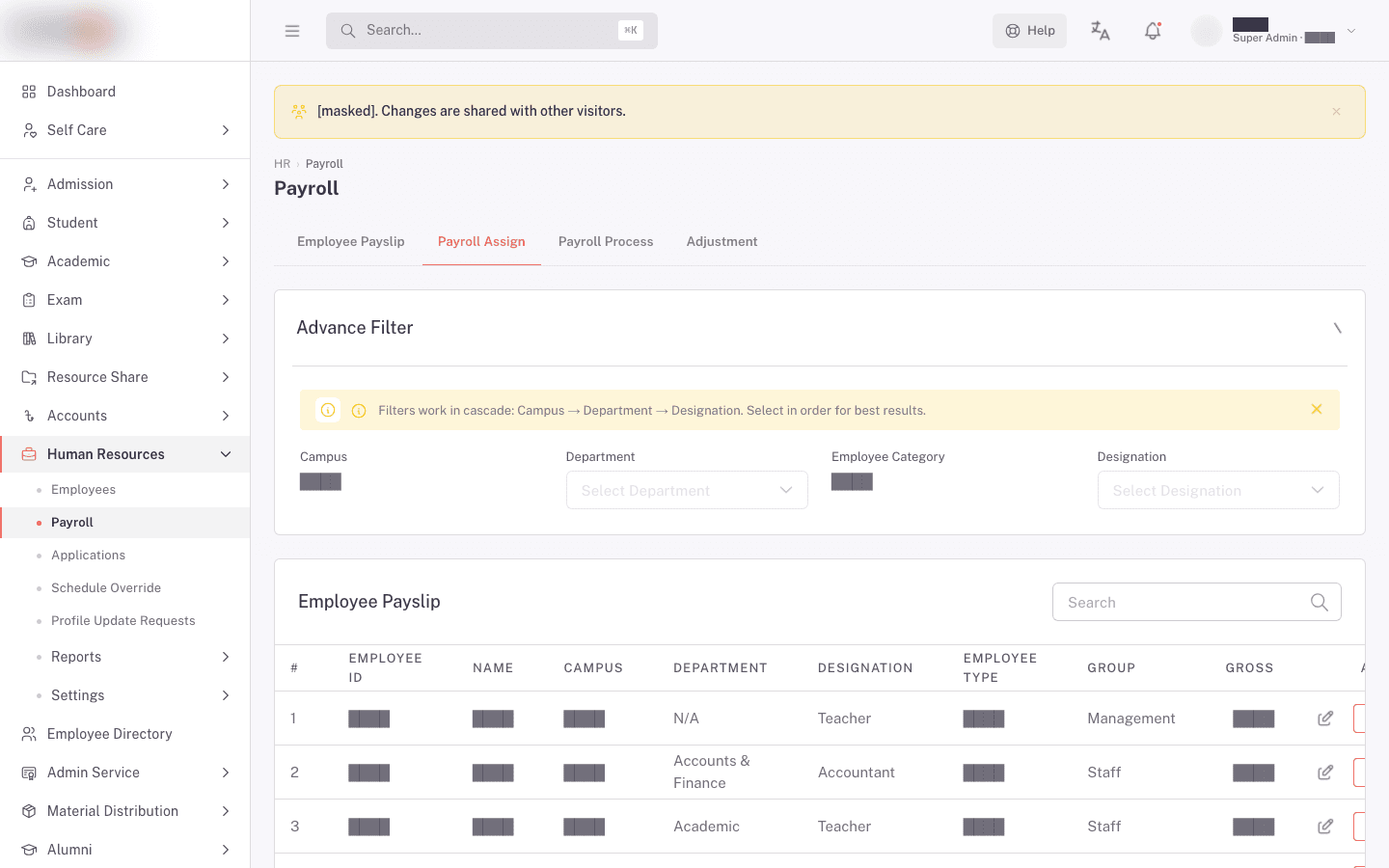 Payroll Assign inline Advance Filter panel with Campus, Department, Employee Category, and Designation