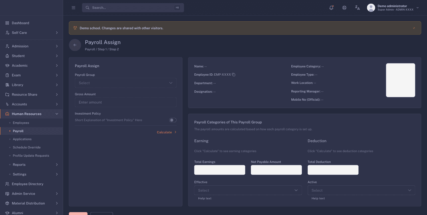 The Payroll Assign form with the employee ID masked and no salary values entered