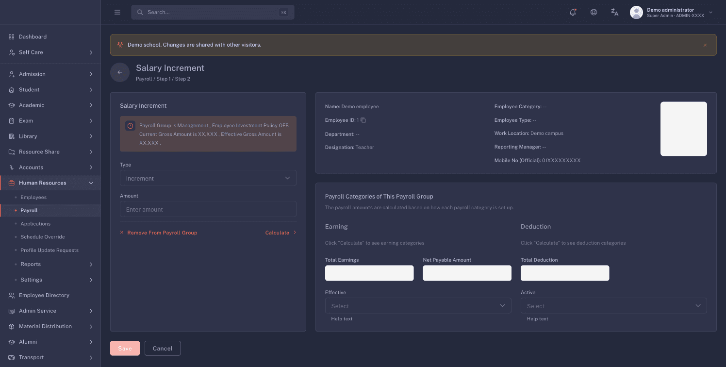 Salary Increment mode with the employee identity, contact details, campus, and gross amounts masked