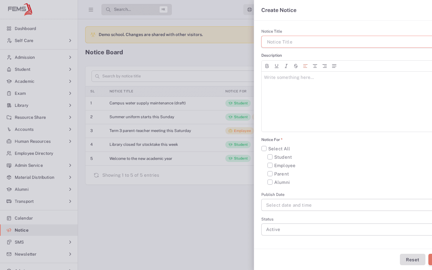 The empty Create Notice form with Notice Title, Description, Notice For checkboxes, Publish Date, and Status fields