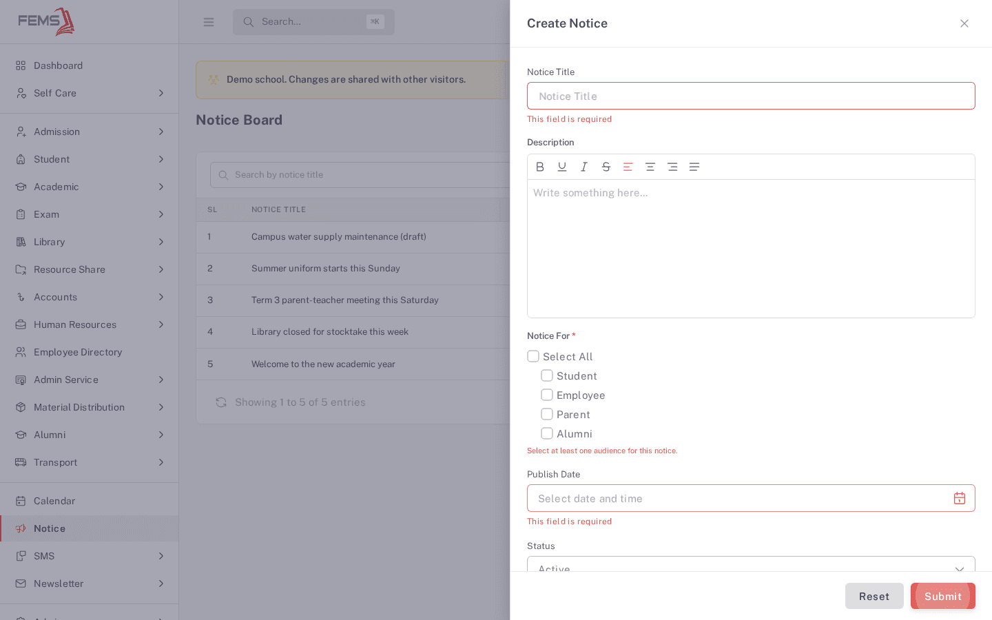 The Create Notice form showing validation errors under Notice Title, Notice For, and Publish Date after submitting empty