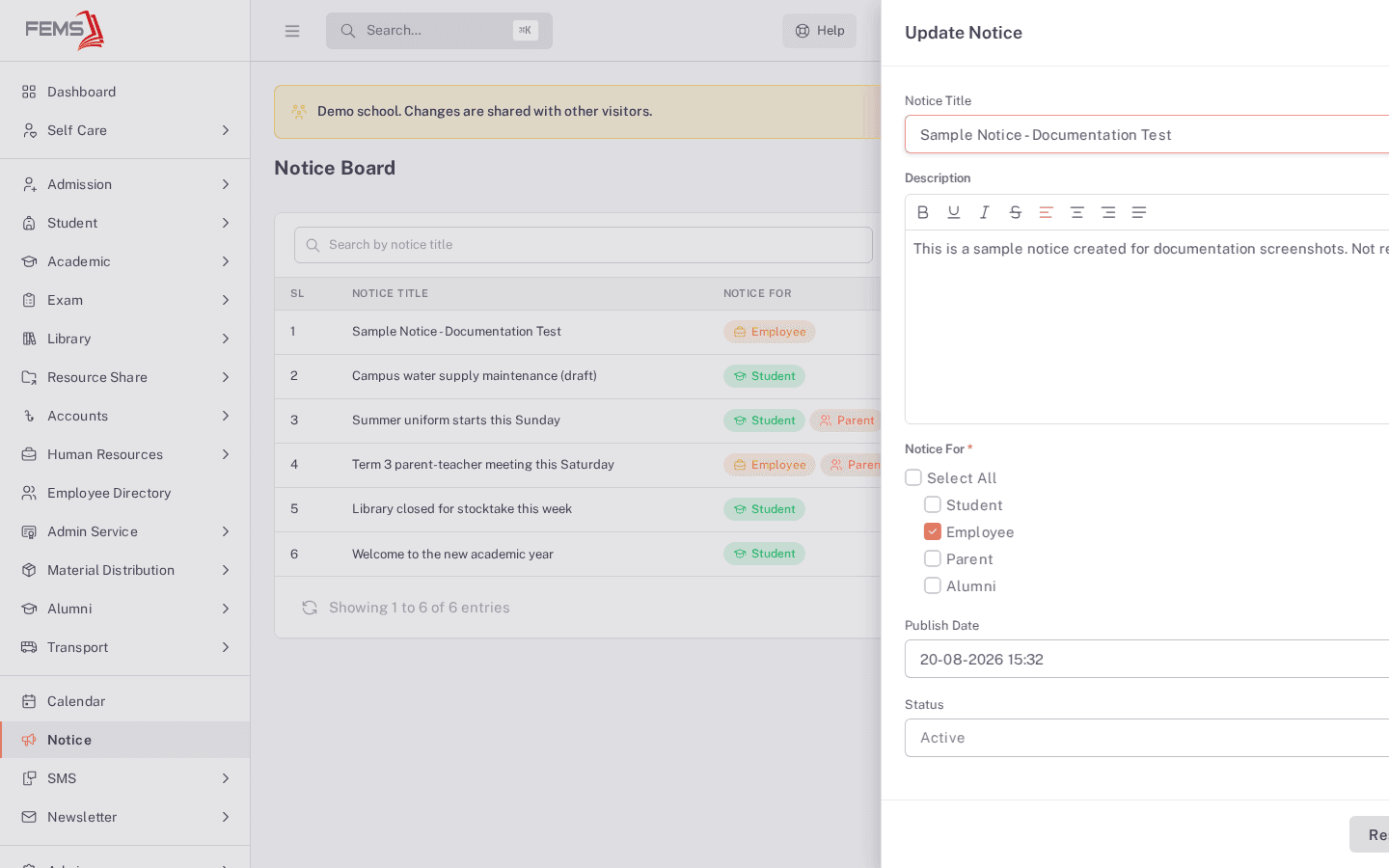 The Update Notice form pre-filled with an existing notice's title, description, audience, publish date, and status