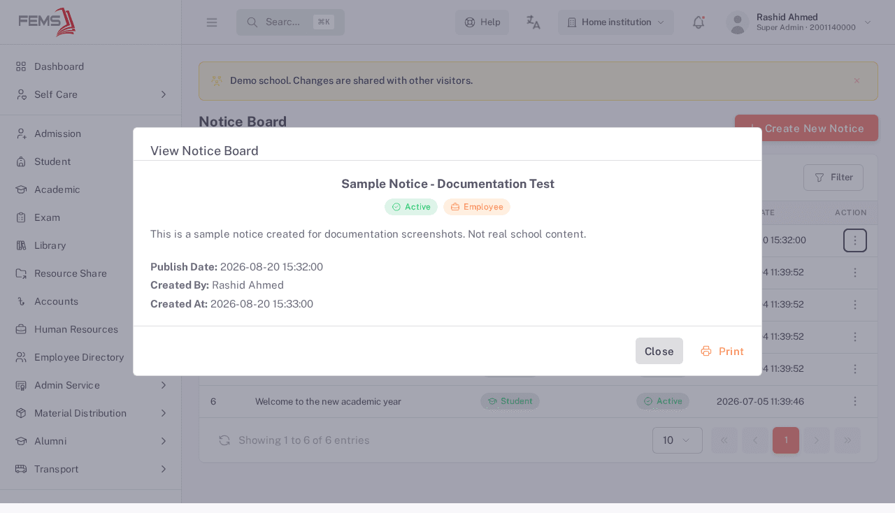 The View Notice Board dialog showing a notice's full title, description, audience and status tags, publish date, and creator