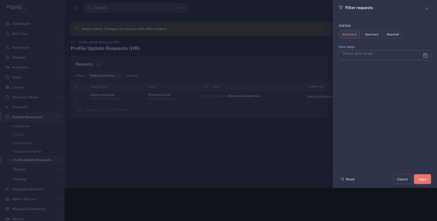The HR profile update request queue with the status filter open and personal values masked