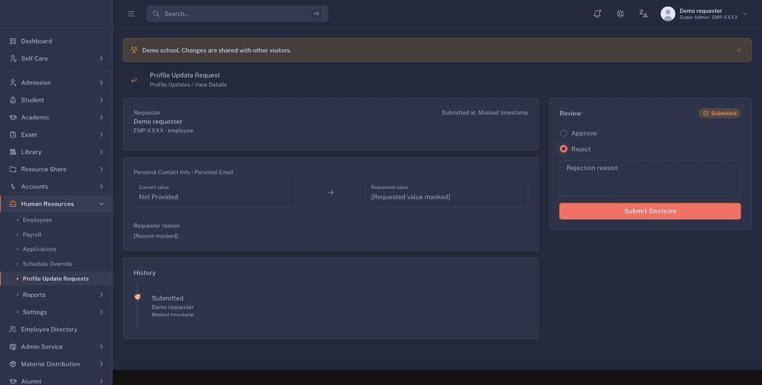 The Review panel with Reject selected, the rejection reason field, and Submit Decision visible