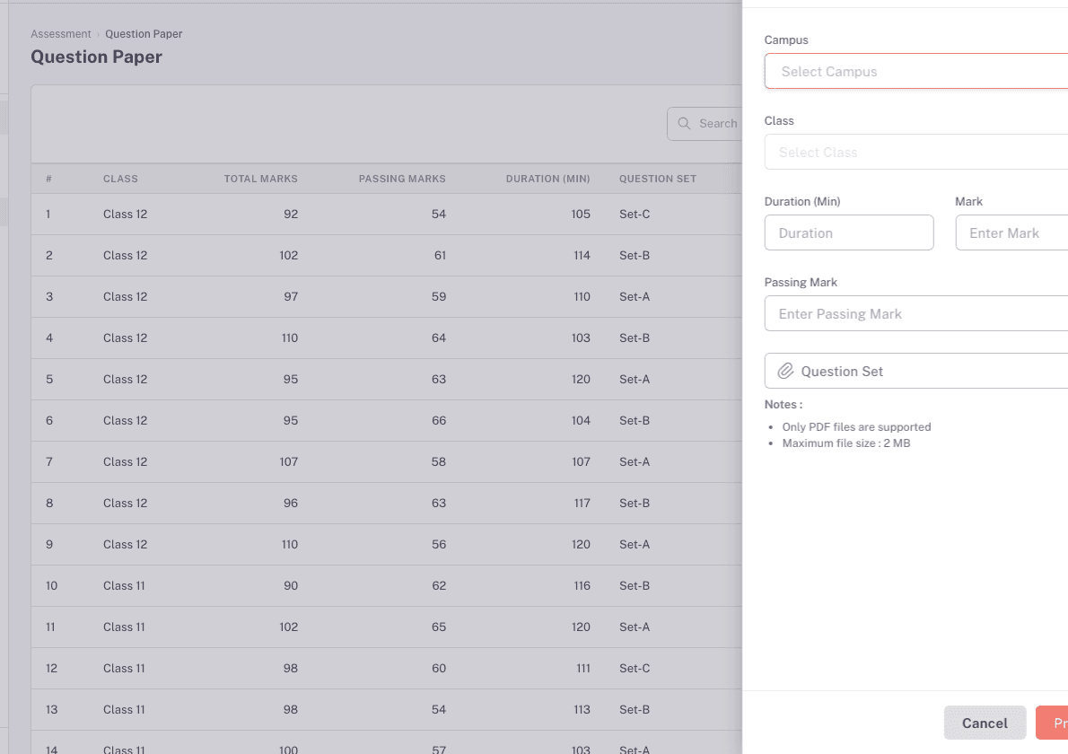 The New Question Paper drawer with campus, class, duration, marks, and the PDF picker