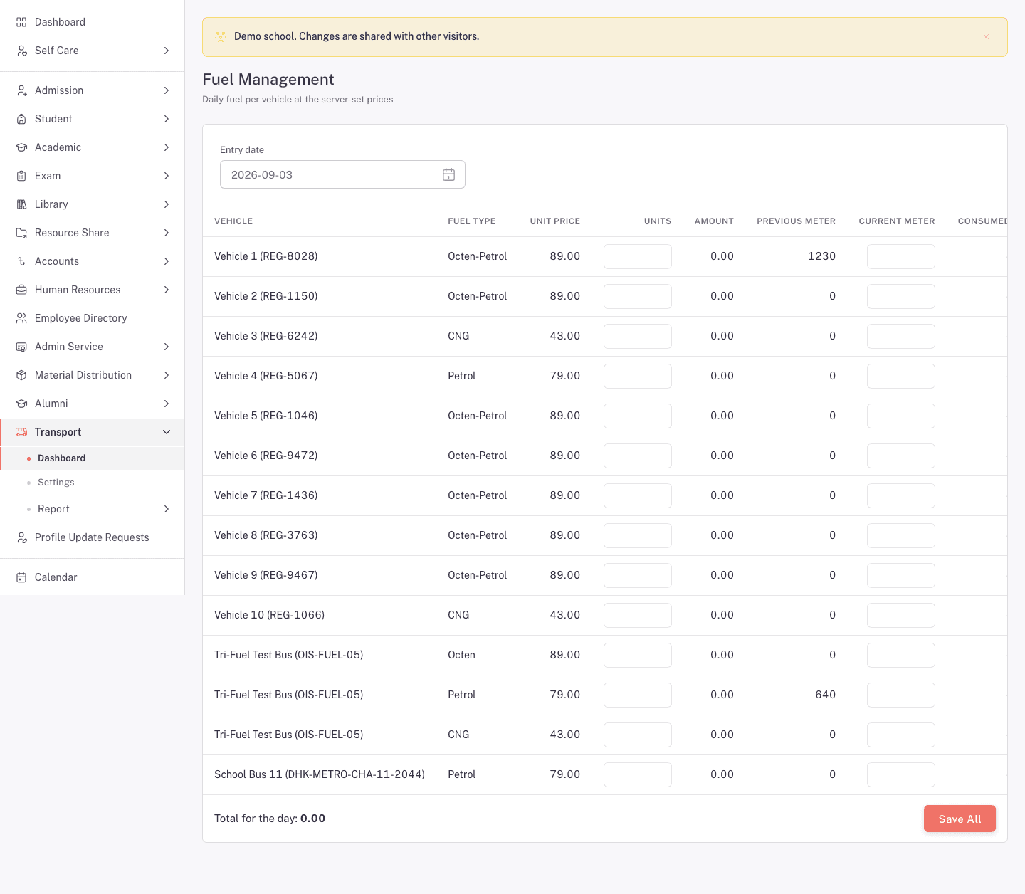 Fuel Management with a date, vehicle and fuel rows, meter readings, and the daily total