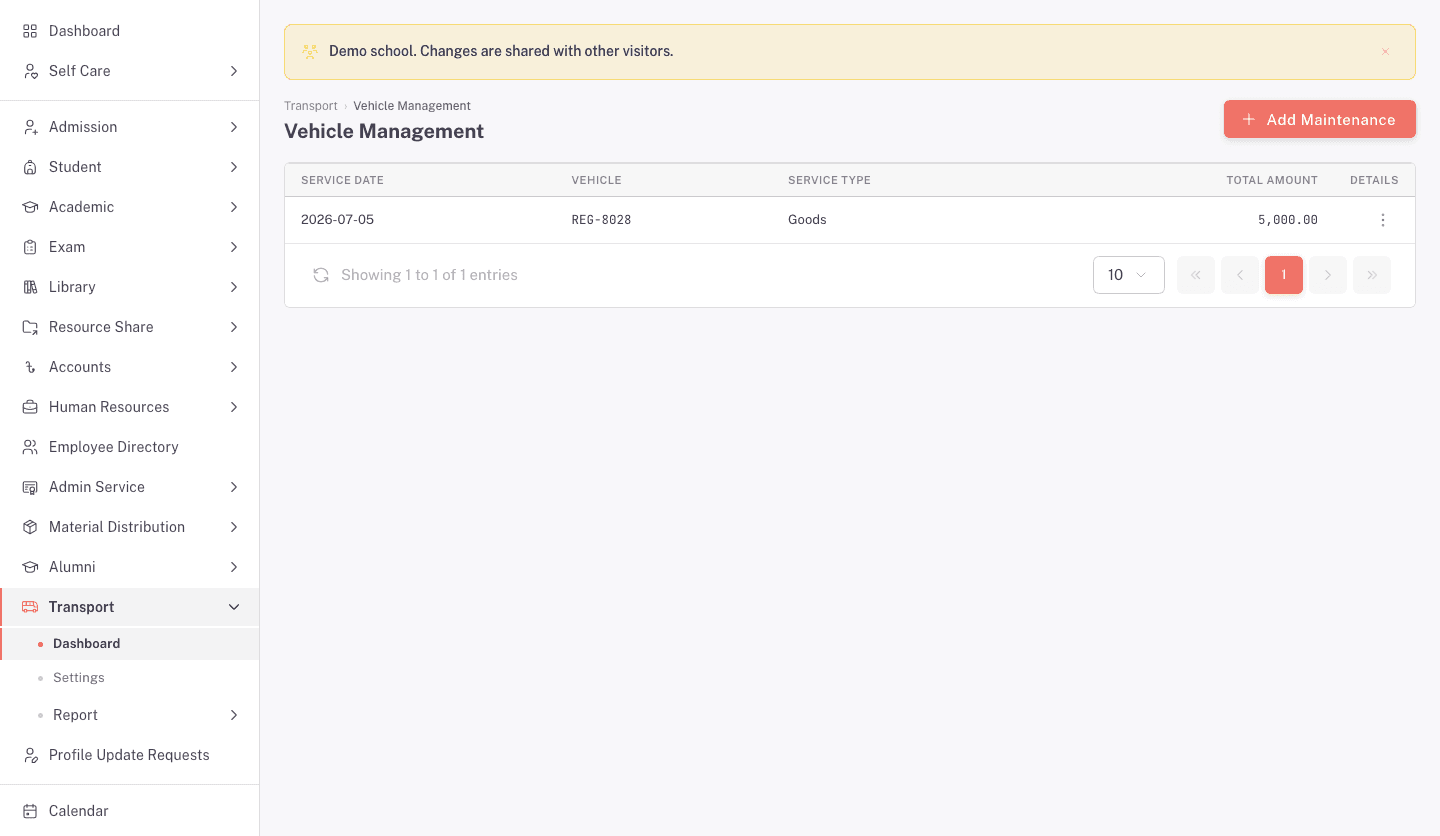 The Vehicle Management list with service date, vehicle, service type, and total amount