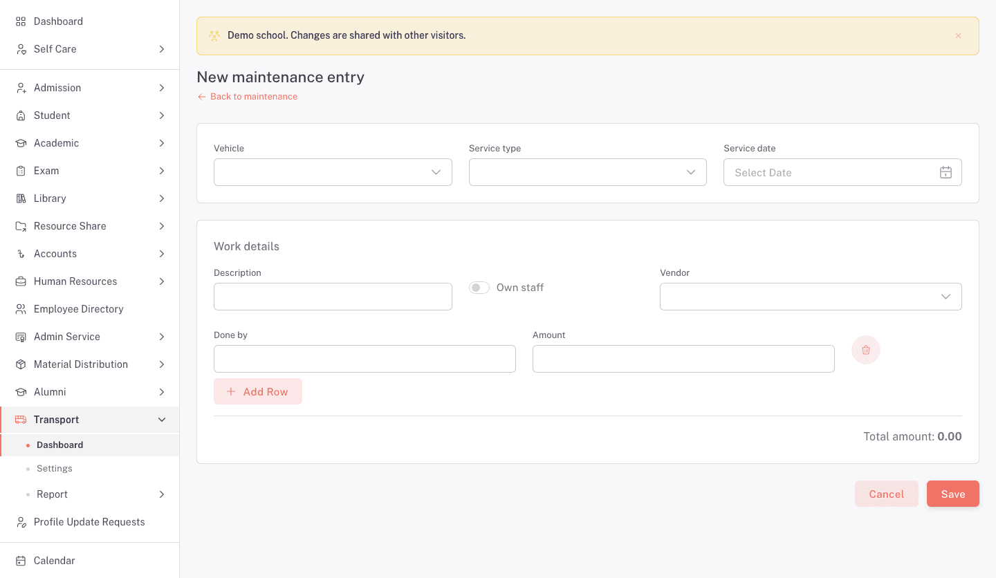 The New maintenance entry form with vehicle, service type, date, work rows, and total