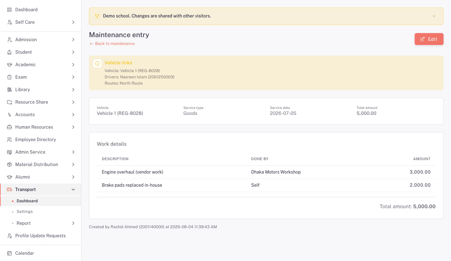 A Maintenance entry showing vehicle links, work details, total amount, and creation details