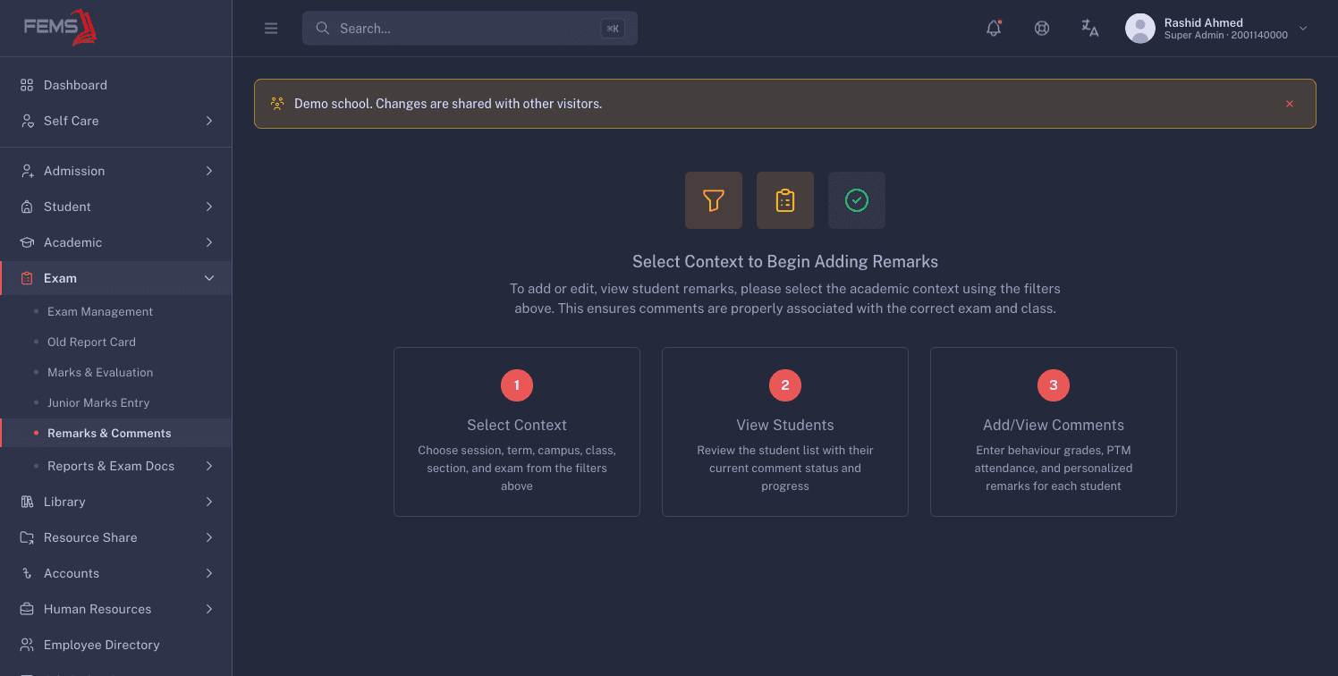 The Remarks and Comments guidance panel showing Select Context, View Students, and Add or View Comments