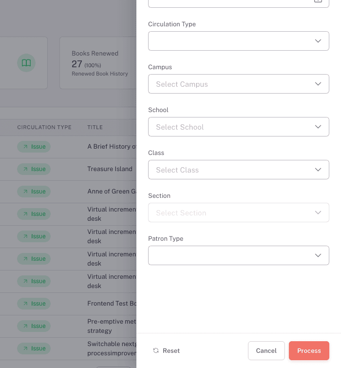 The report filter drawer showing the Campus, School, Class, and Section cascade