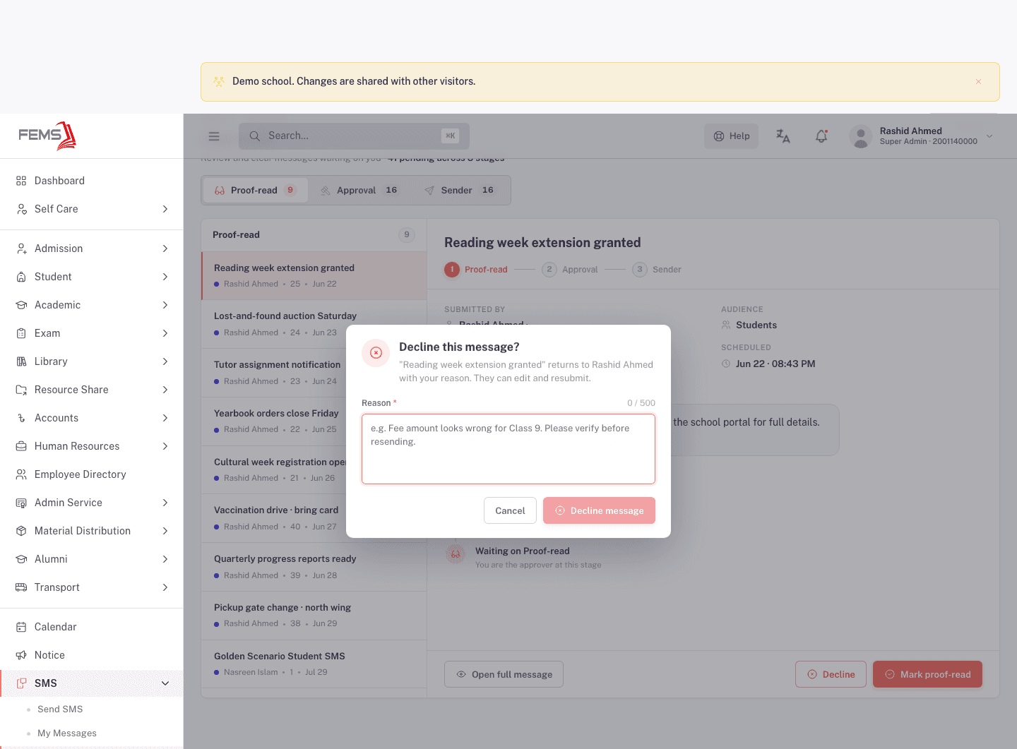 Decline dialog with its required Reason field, cancelled after capture without declining