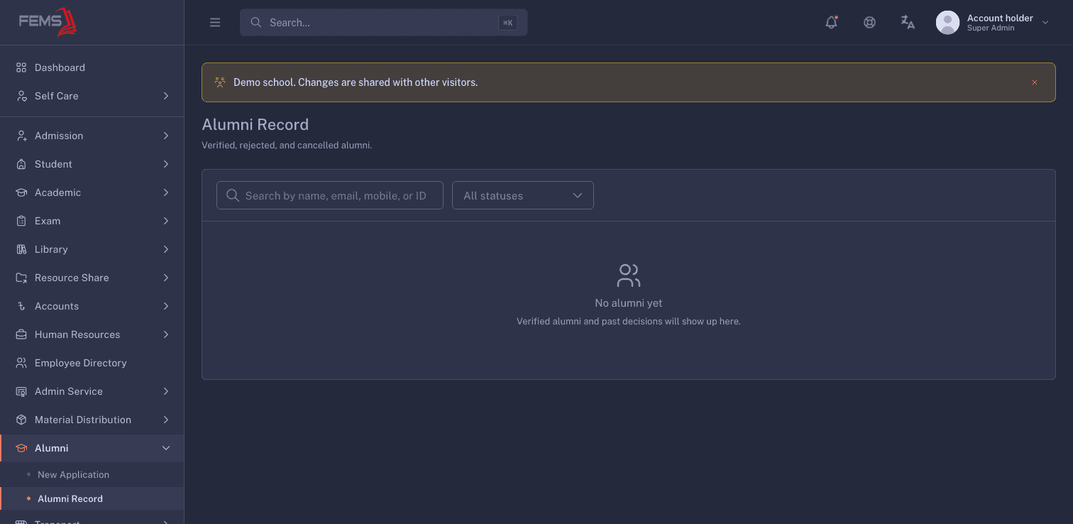 Empty Alumni Record list with the account identity masked