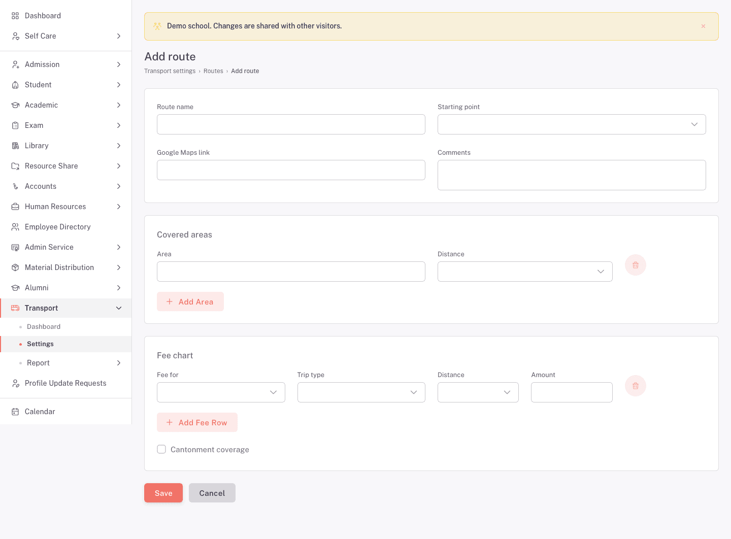 The Add route form with route details, covered areas, and fee chart fields