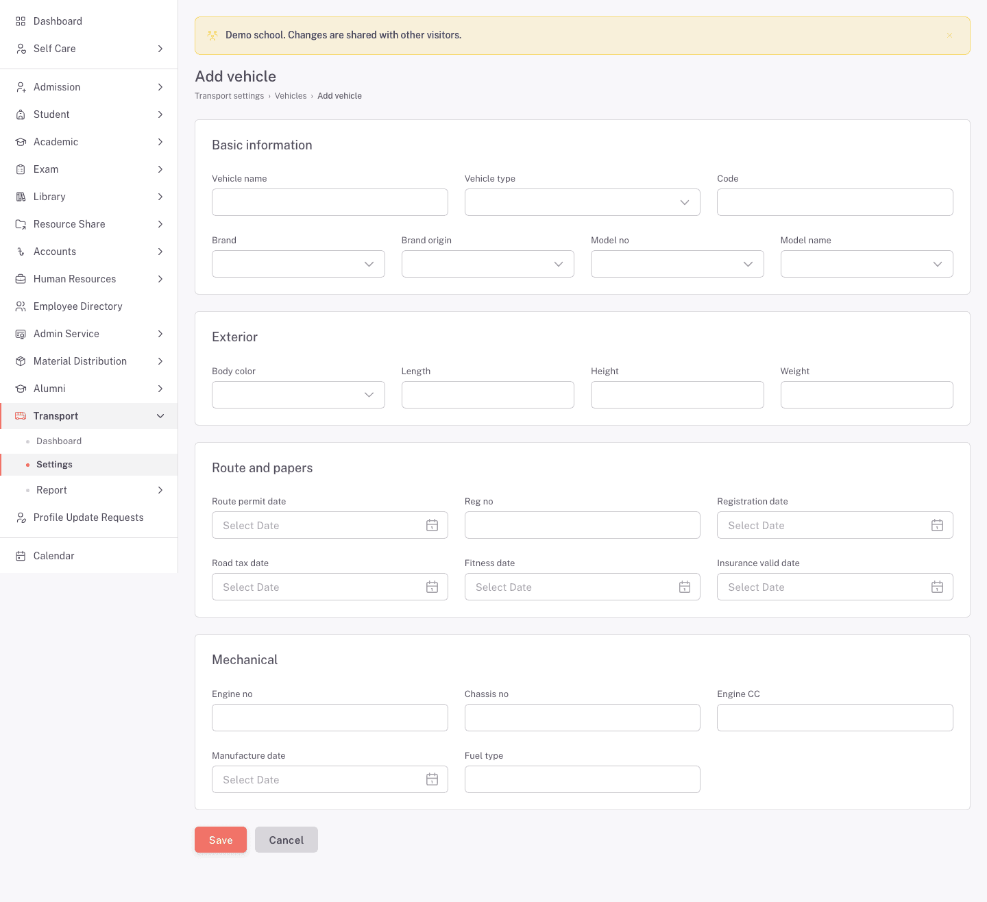 The Add vehicle form with basic, exterior, route and papers, and mechanical sections