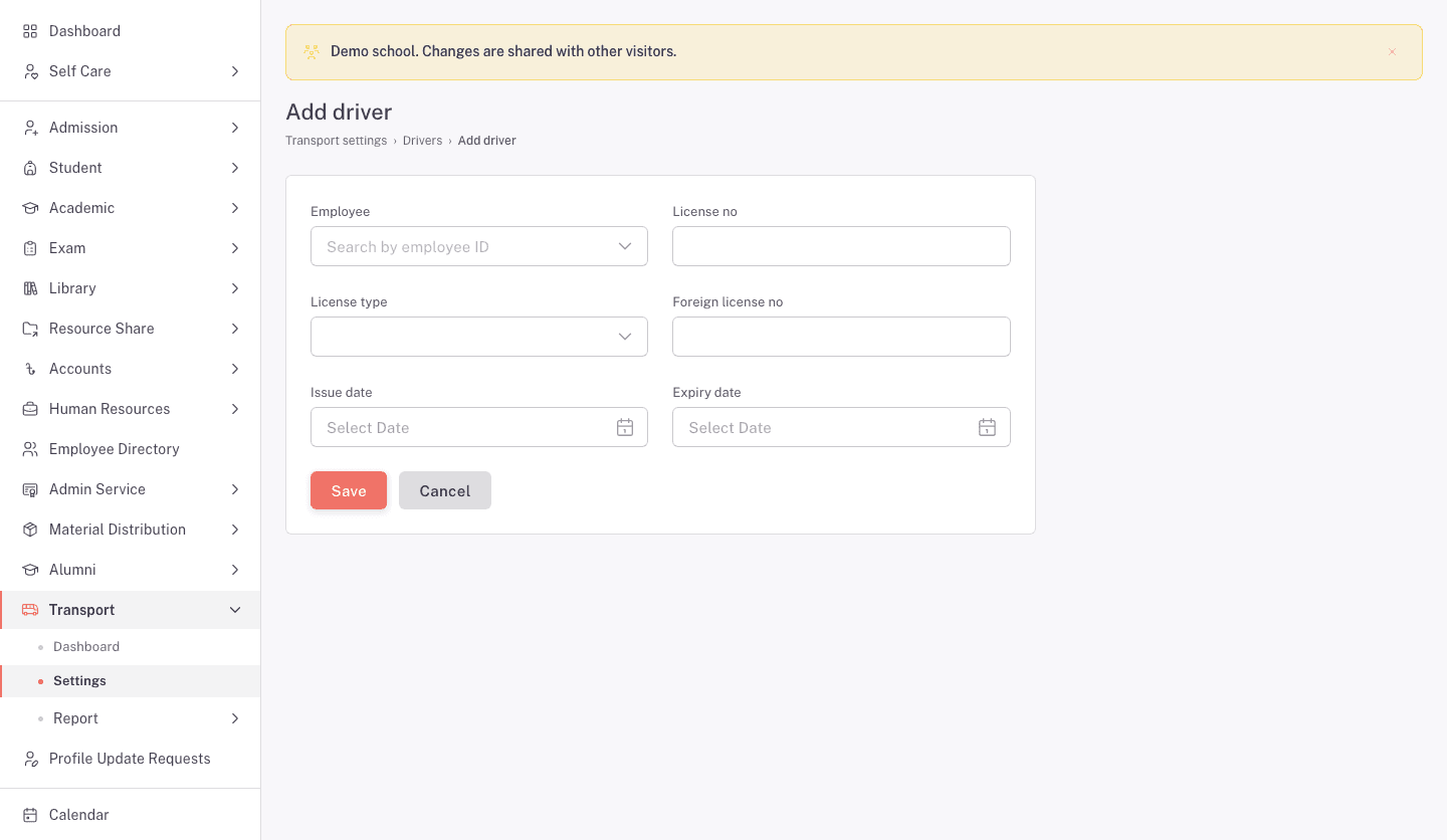 The Add driver form with employee and licence fields